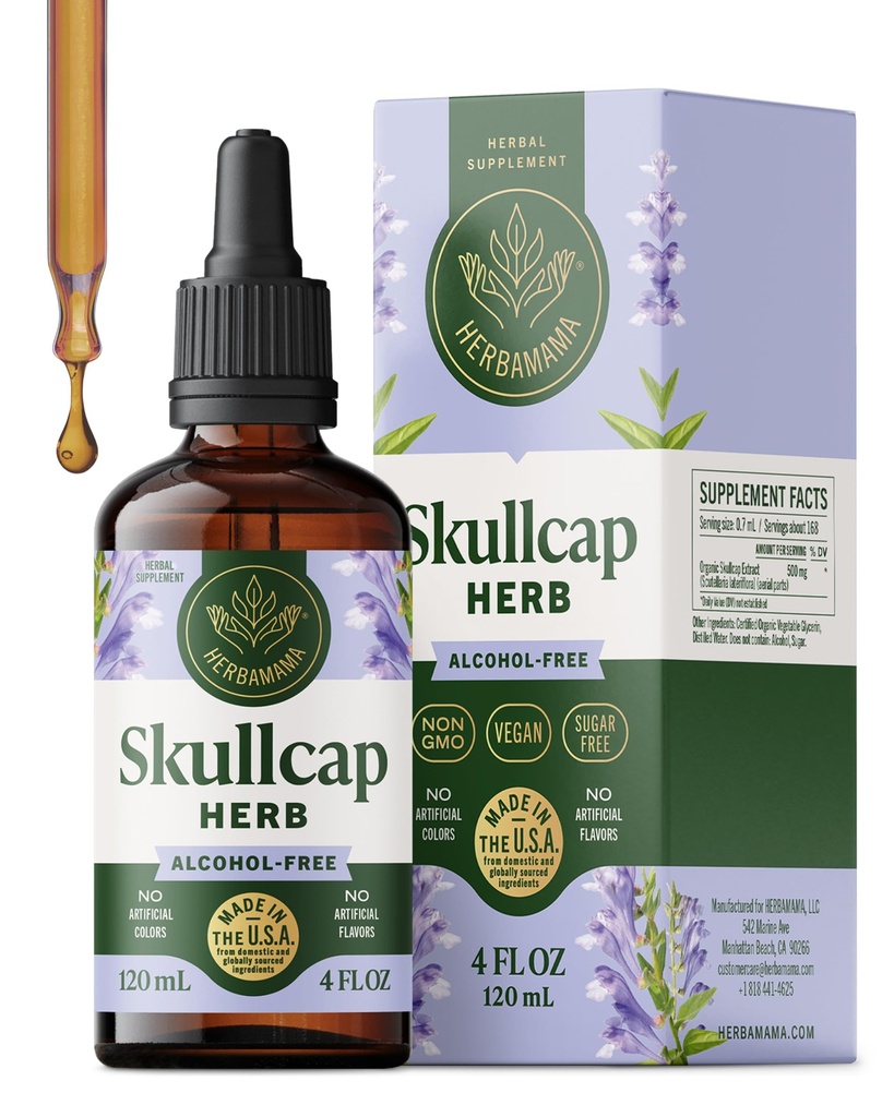 HERBAMAMA Skullcap Extract Tincture - Vegan Mood Support & Relaxation with Skullcap Herbs - Non-GMO, Alcohol & Sugar-Free Liquid Calming Supplement, 84-Day Supply
