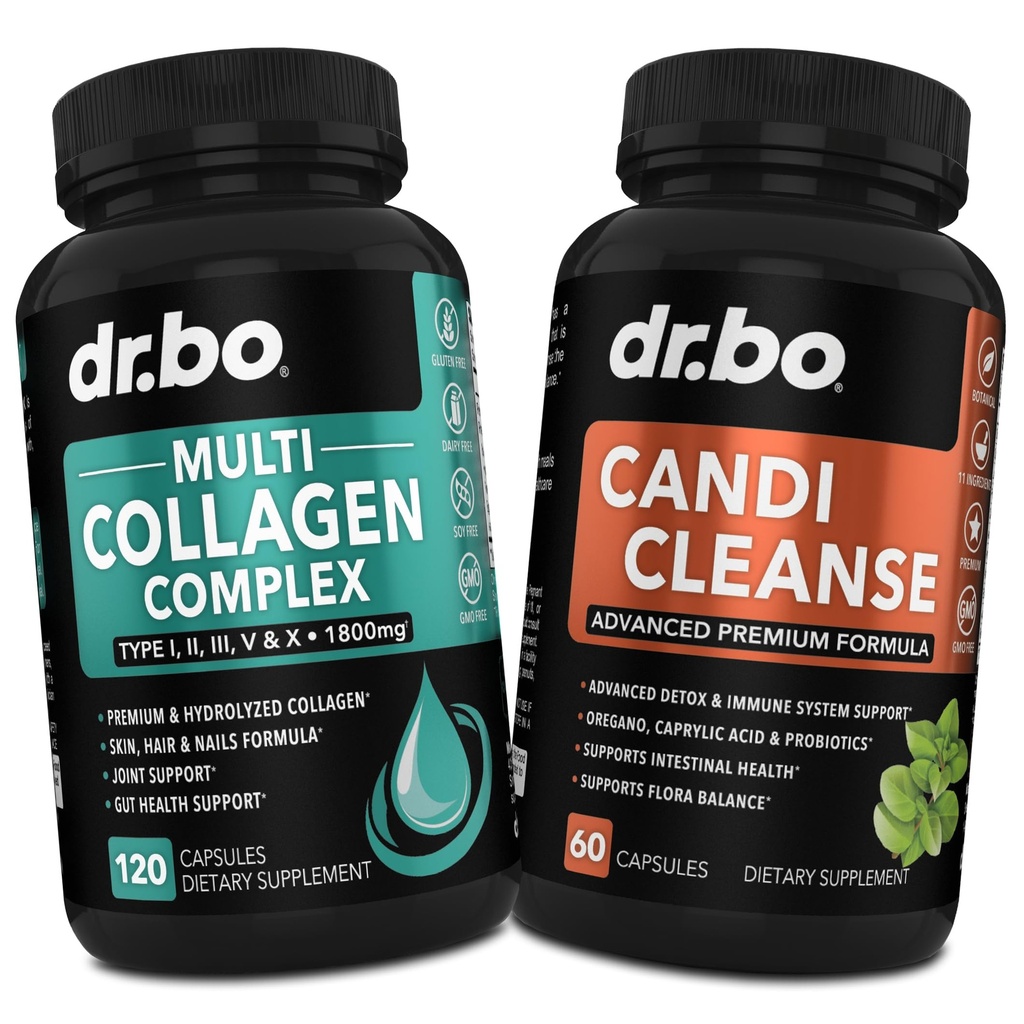 Multi Collagen Peptides & Candida Cleanse - Type I, II, III, V, & X Multi Collagen, Skin, Hair & Nails - Extra Strength Probiotic Complex Cleanser, Natural Oral Herbal Oregano & Caprylic Acid Capsules