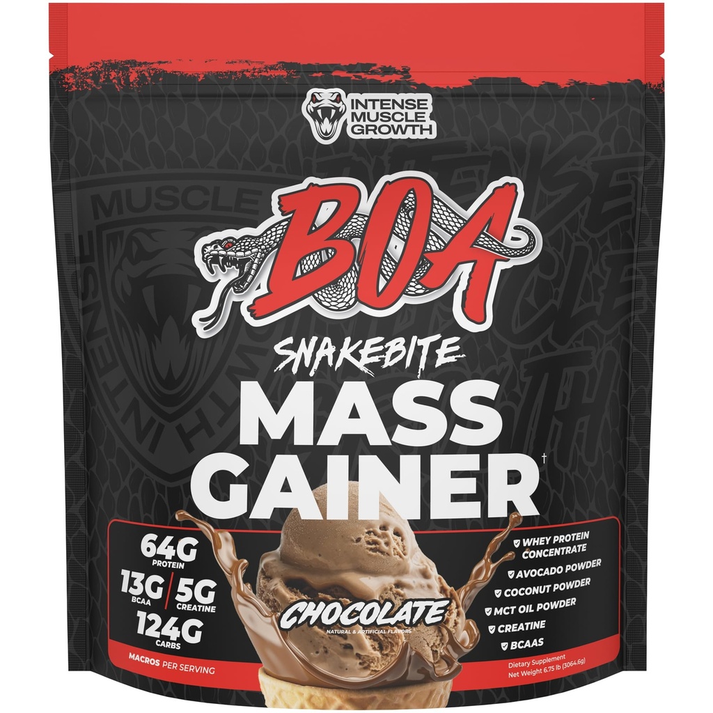 BOA Snakebite Mass Gainer Powder – 64g Protein, 126g Carbs & 5g Creatine Per Serving – High Calorie Weight Gainer for Muscle Growth & Recovery – Chocolate, Vanilla, Cookie Butter (Chocolate)