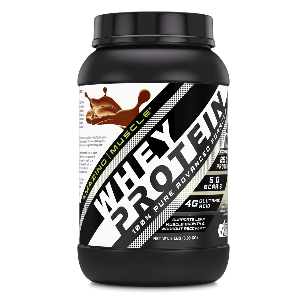 Amazing Muscle Whey Protein Isolate & Concentrate Powder | 25 G Protein per Serving | Non-GMO | Gluten-Free (2 LB, Cookies & Cream)