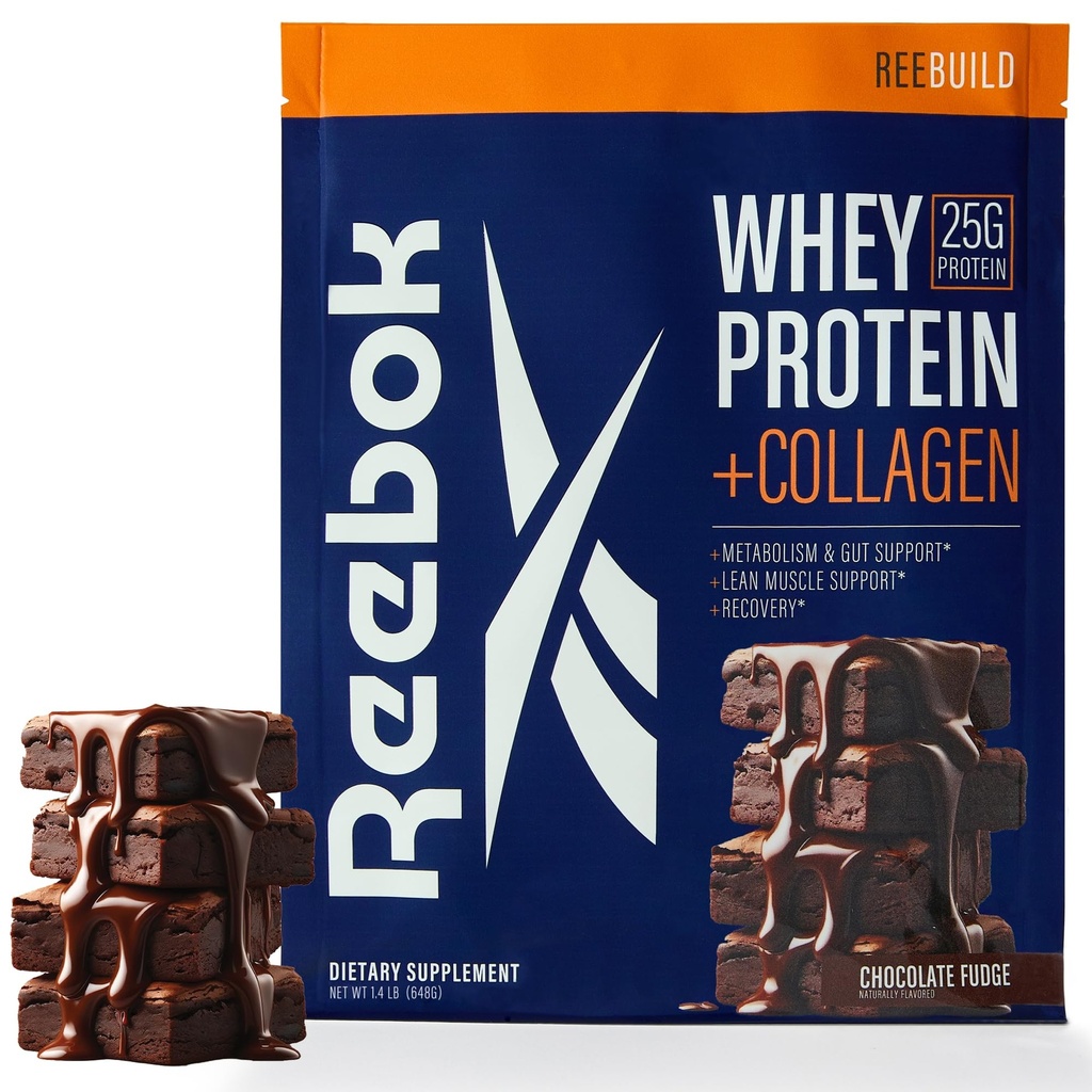 Reebok Whey Protein Powder + Collagen Peptides | 25g Protein with 9 Essential Amino Acids | Muscle Recovery, Joint & Gut Support | Informed-Sport Certified | REEbuild Chocolate Fudge Flavor, 1.4 lb