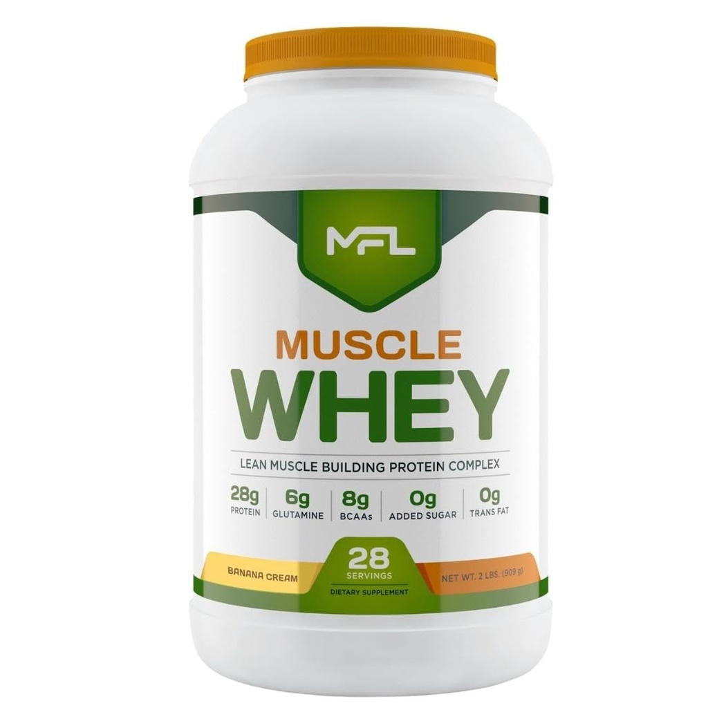 MFL Muscle Whey Protein 2 lbs l 26g of Protein l 8g BCAAs l 6g Glutamine l Low Carbs l 28 Servings (Banana Cream)