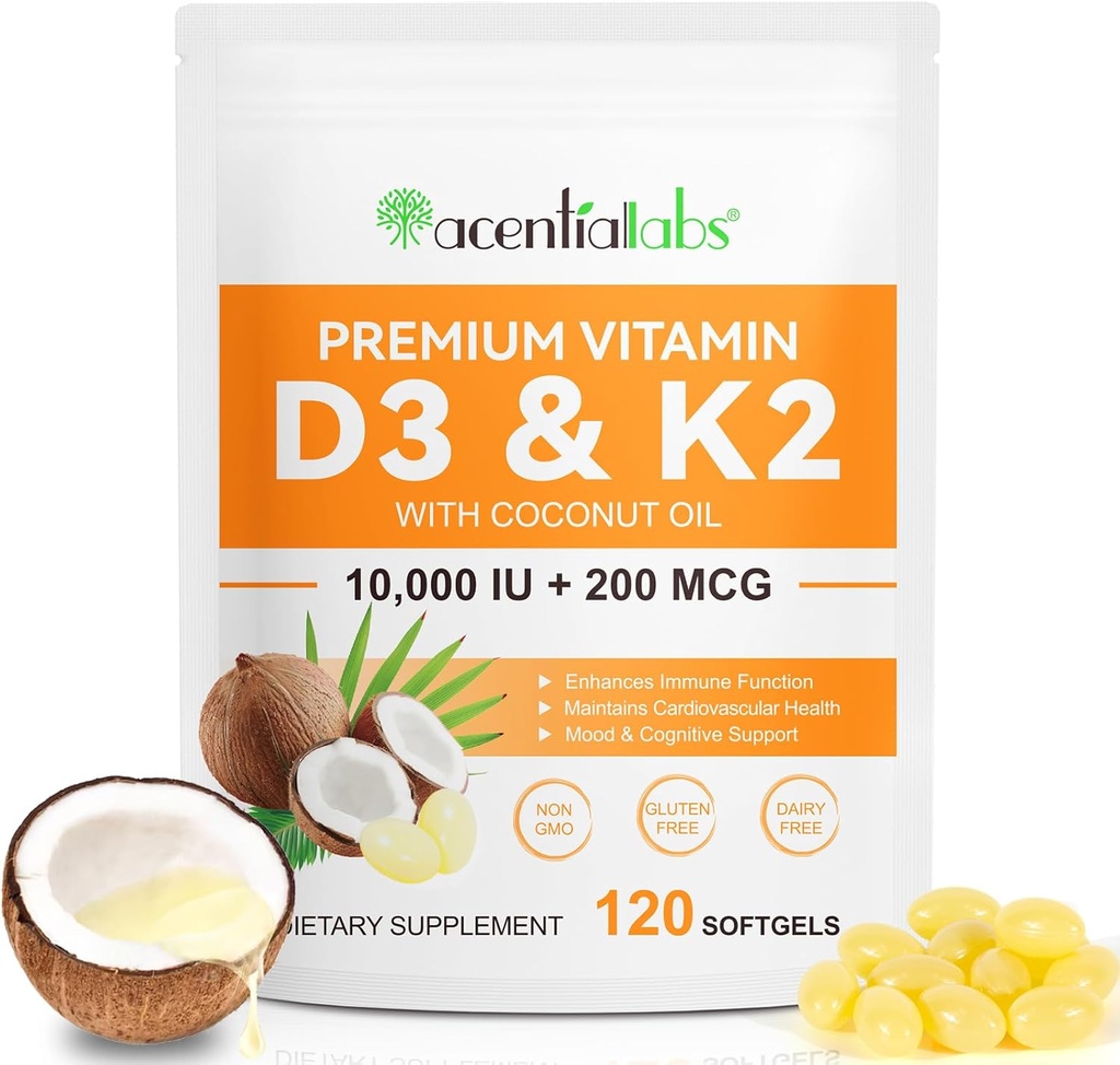 Vitamine D3 K2 Supplément Softgels, 10000 UI VIT D3 + 200 MCG K2 (MK-7).