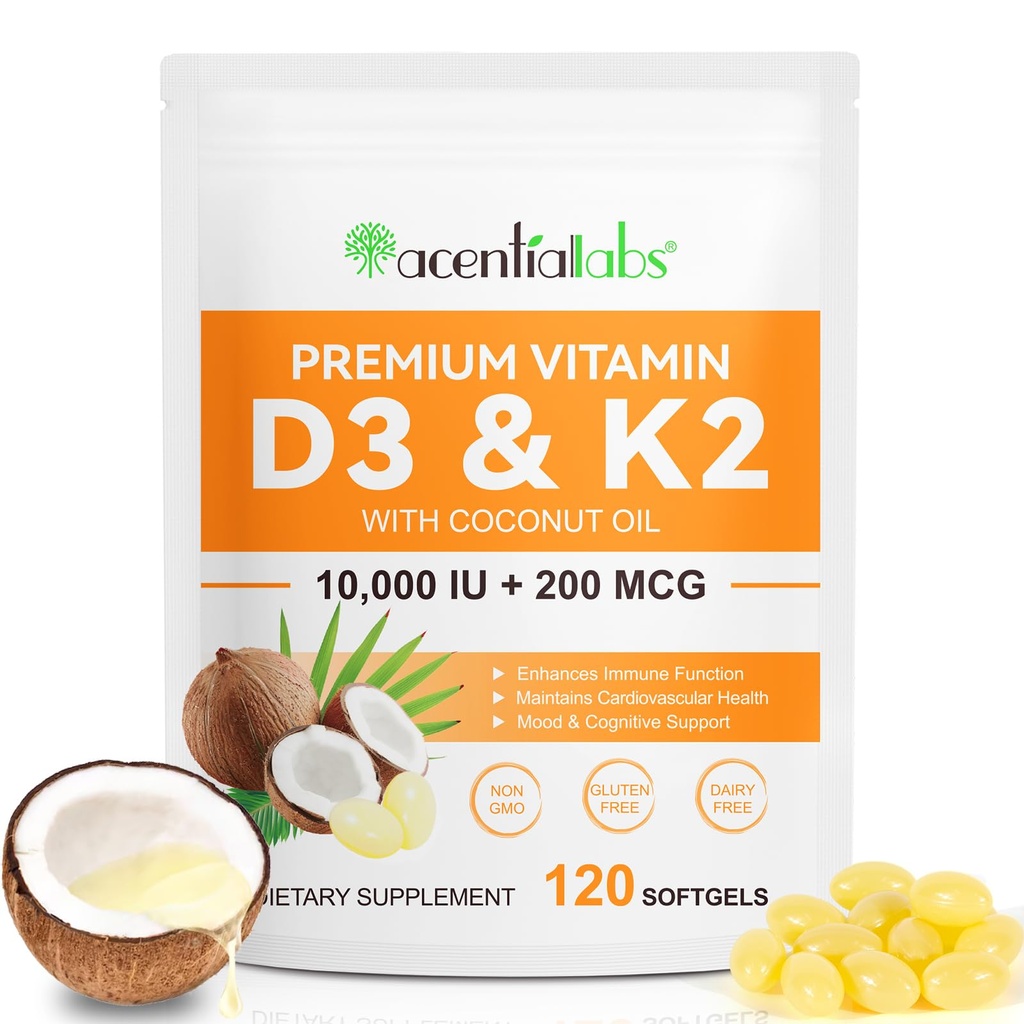 Vitamine D3 K2 Supplément Softgels, 10000 UI VIT D3 + 200 MCG K2 (MK-7).