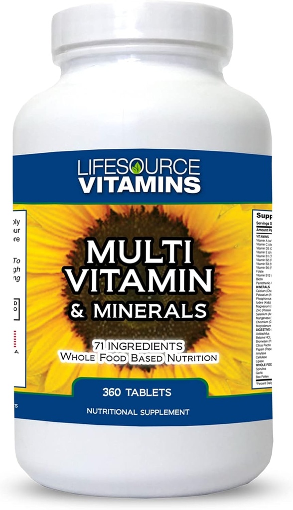 LifeSource Vitamines LifeSourceVitamines Aliments entiers Multivitamines et minéraux avec 71 ingrédients naturels, probiotiques, enzymes digestives, minéraux chélatés et non OGM, 360 comprimés