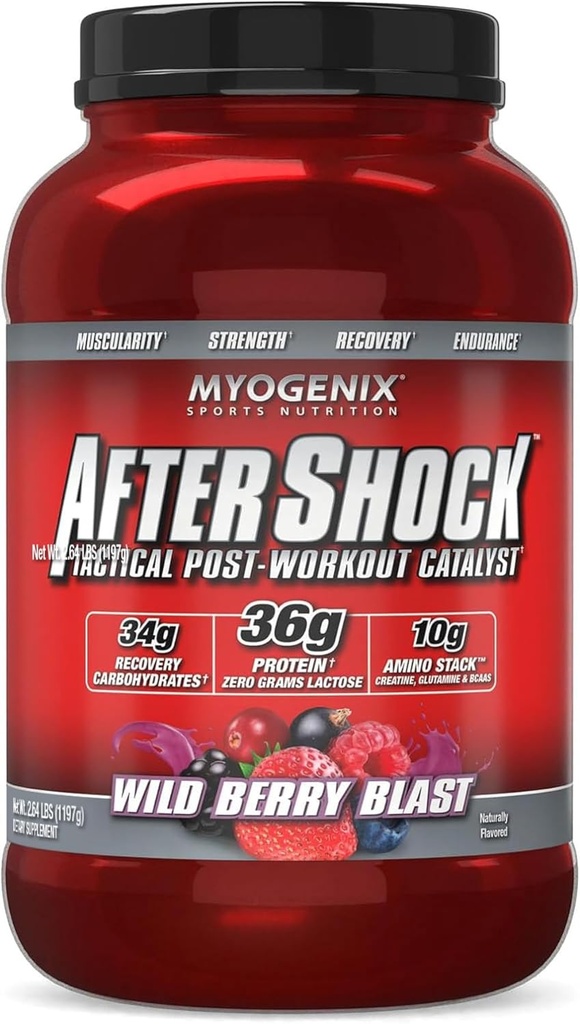 Myogenix Aftershock Post Workout Powder – Whey Protein with Carbs for Muscle Recovery & Refuel – Wildberry Blast, 3 lbs