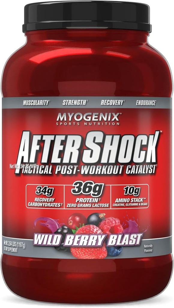 Myogenix post-shock post-entraînement en poudre – Protéine de lactosérum avec glucides pour la récupération musculaire et le carburant – Wildberry Blast, 3 lbs
