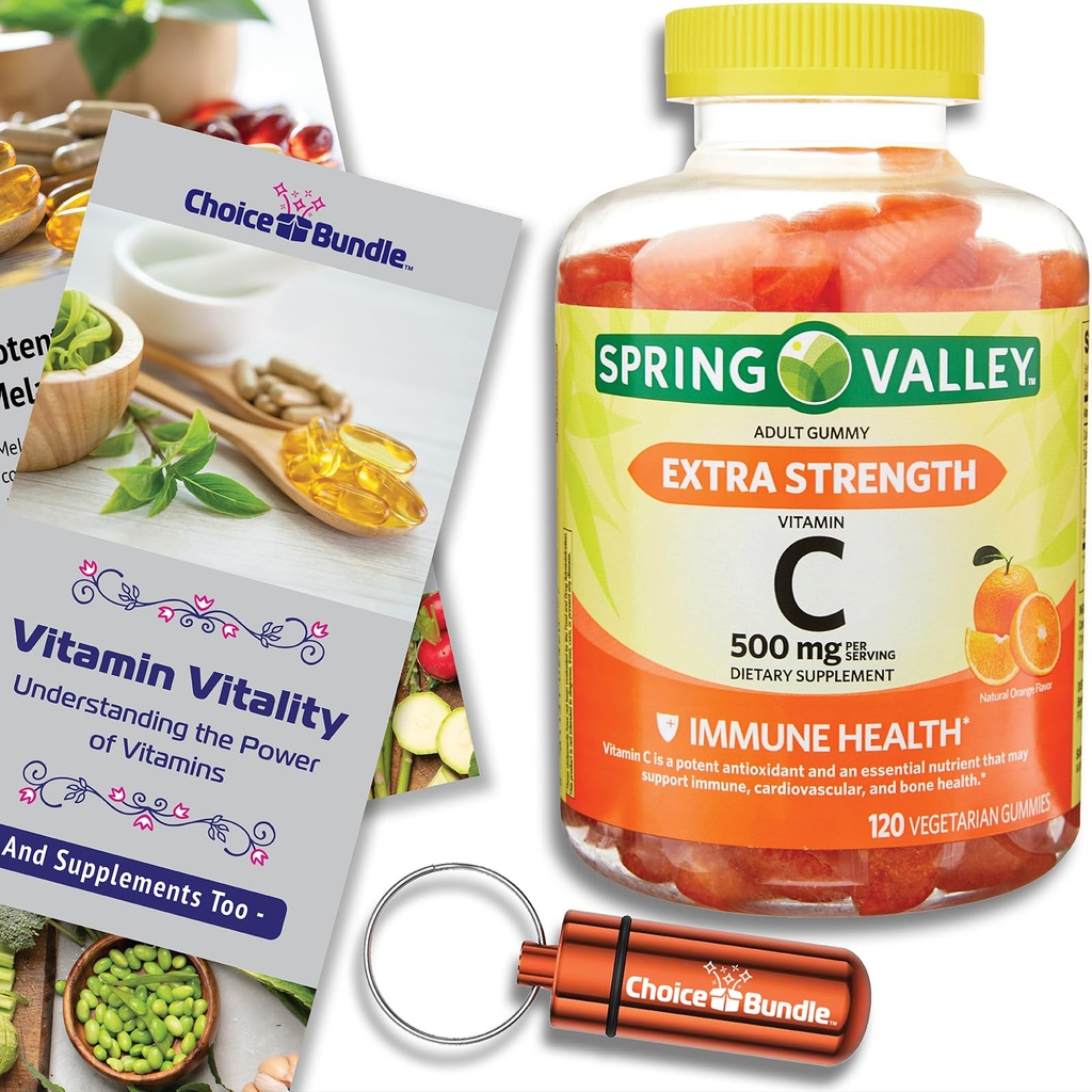 Spring Valley Extra Strength Vitamin C Orange Vegetarian Gummies 500 mg 120 Ct Plus Vitamin Vitality & Pill Container (3 Items)!