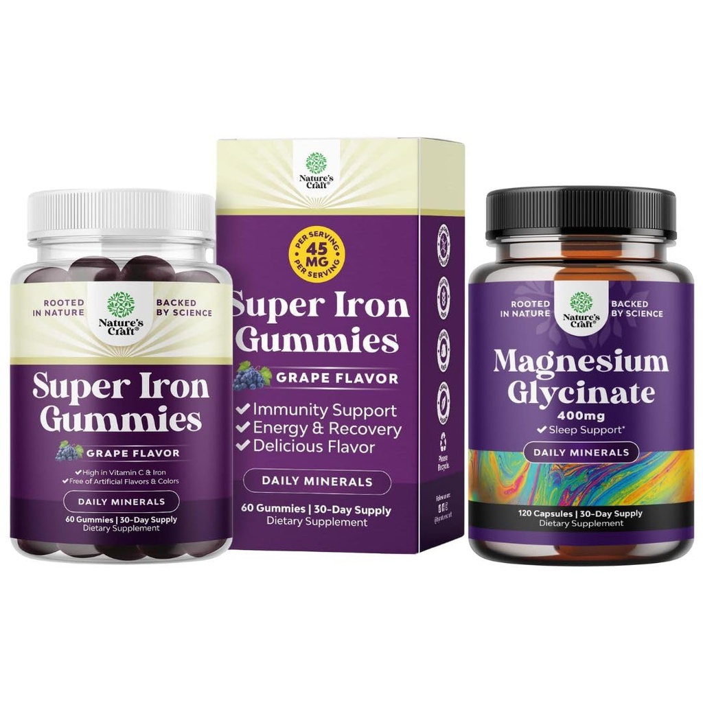 Bundle of Delicious Iron Gommies for Women and Men - Supplément en fer pour les femmes et les hommes avec de la vitamine C pour l'absorption plus élevée et le Glycinat de magnésium pur 400mg par service pour le sommeil d'humeur et la détente