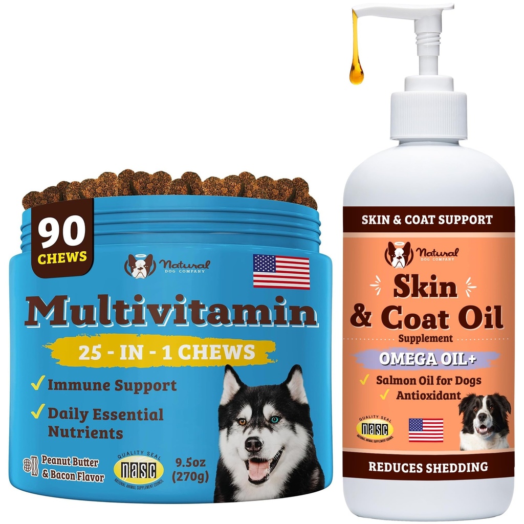 Natural Dog Company Everyday Itch Relief Bundle, Includes (1) Multivitamin Supplement Chews -90 pcs and (1) Skin and Coat Oil Food Topper-16 oz., Vitamins for dogs, Itch relief, Skin and Coat suppleme