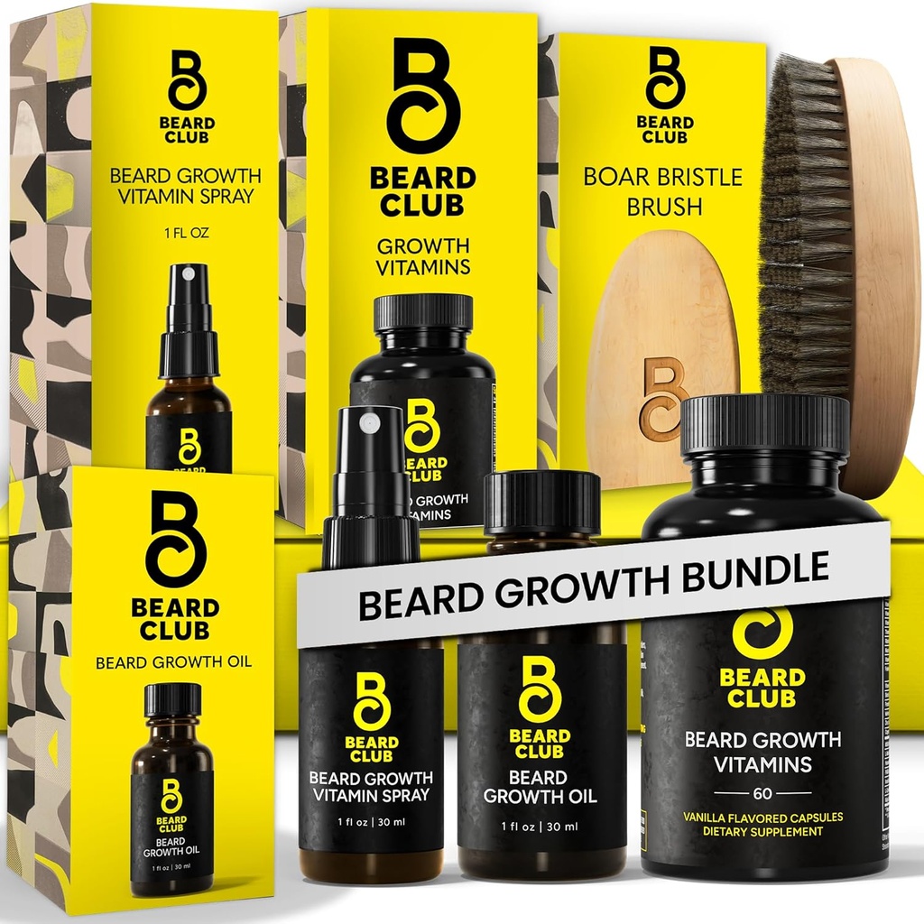 Kit de croissance Premium Beard Club - Huile de croissance, Vitamines, Vitamine Spray & Brosse Brillance de sanglier - Ensemble cadeau