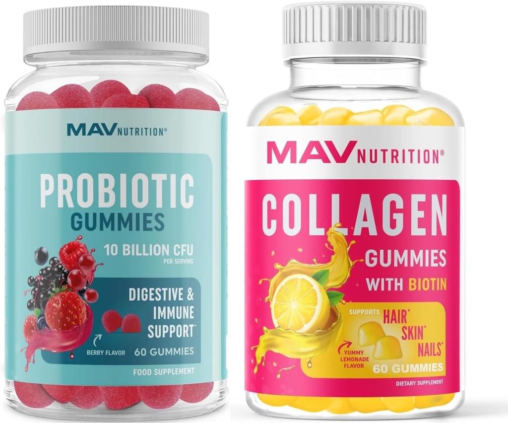 MAV NUTRITION Gommies collagènes pour les femmes et les gommies probiotiques.