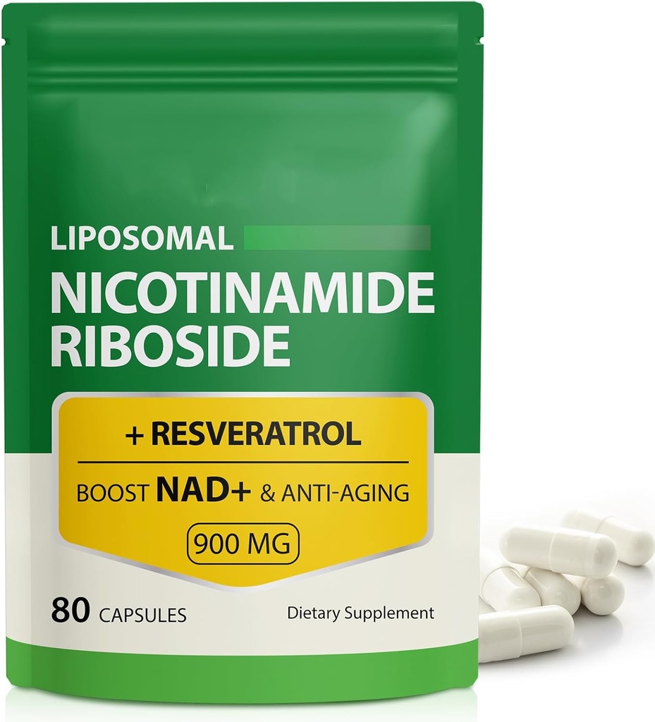Supplément NAD, 900mg - Liposomique Nicotinamide Riboside NAD+ Supplément avec Resvératrol soutient Muscle, Cerveau, Énergie Cellulaire - Supplément NMN Alternative pour les hommes et les femmes, 80 Capsules (paquet de 1)