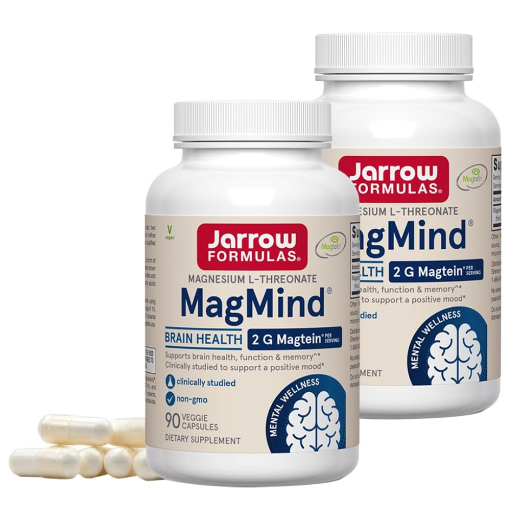 Jarrow Formulas MagMind - 90 Capsules - Includes Magnesium L-Threonate (Magtein) - Supports Brain Health & Function - 30 Servings (Pack of 2)