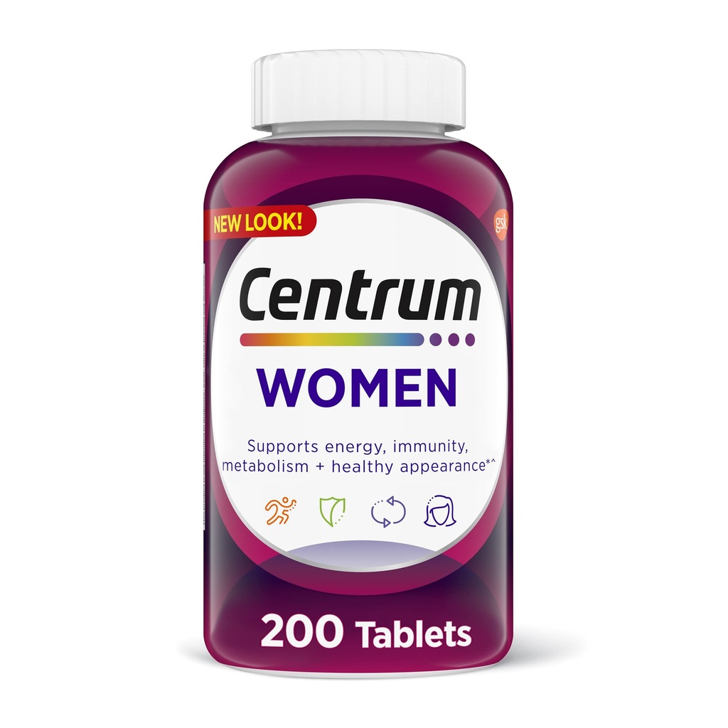 Centrum Multivitamin Tablet for Women, Multivitamin/Multimineral Supplement with Iron, Vitamin D3, B Vitamins and Antioxidant Vitamins C and E, Gluten Free, Non-GMO Ingredients - 200 Count