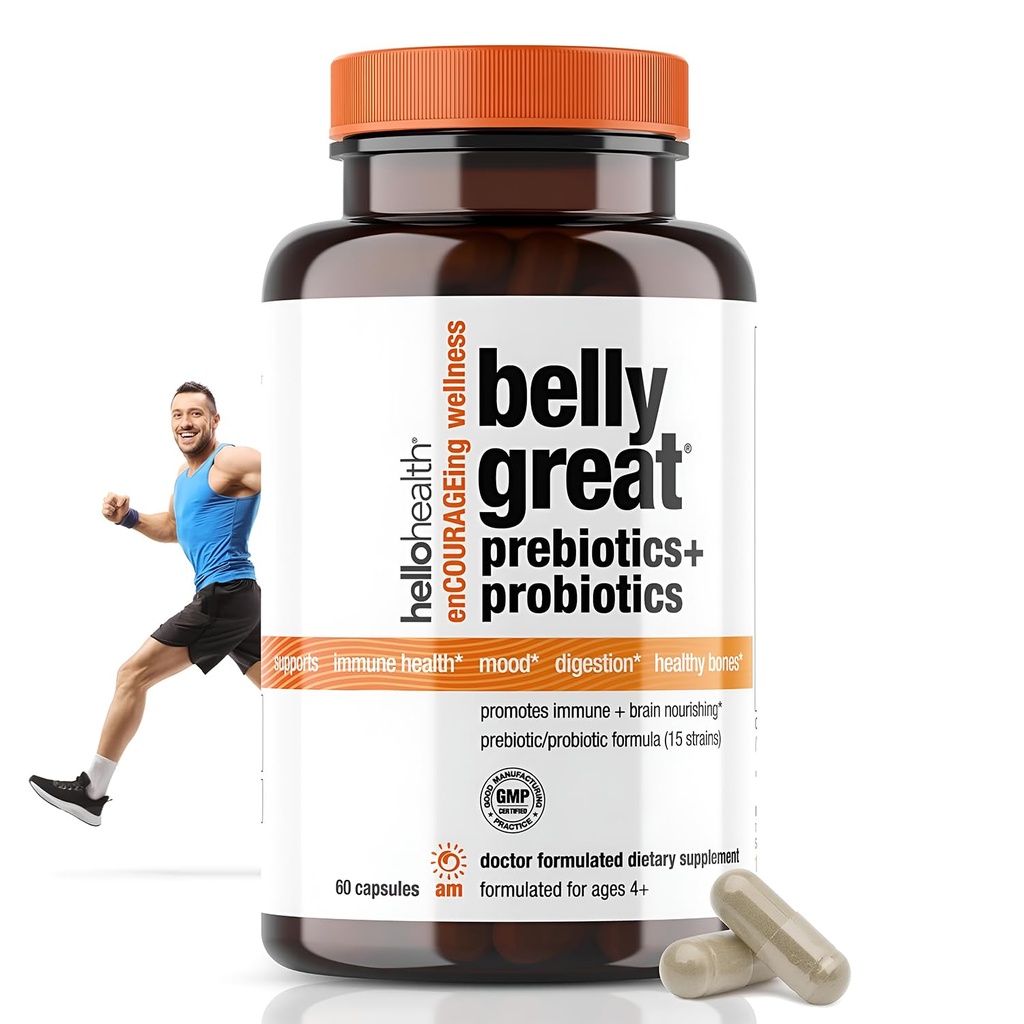 Probiotique quotidien pour les femmes, les hommes et les enfants Probiotique –Belly Great Prébiotiques et probiotiques pour Gut Health & Immune Support + Vitamine D3, Folate B Vitamines: 15 souche, sans gluten -60 Nombre