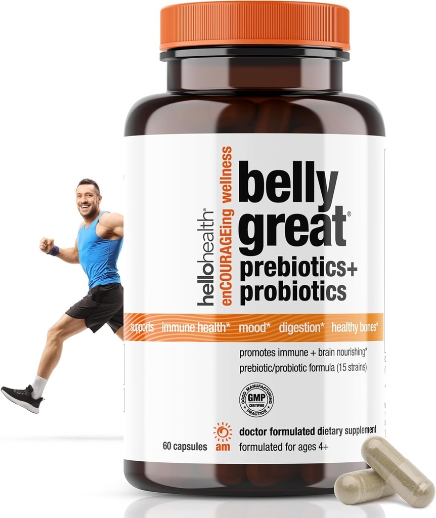 Probiotique quotidien pour les femmes, les hommes et les enfants Probiotique –Belly Great Prébiotiques et probiotiques pour Gut Health & Immune Support + Vitamine D3, Folate B Vitamines: 15 souche, sans gluten -60 Nombre