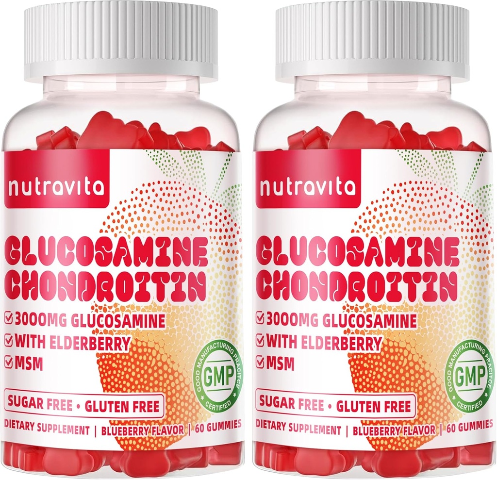 Nutravita Glucosamine Chondroitin Gommies avec MSM & Elderberry Extra Strength - Joint Support, Supplément de soutien immunitaire antioxydant pour adultes, hommes et femmes. 120 Chews fraises
