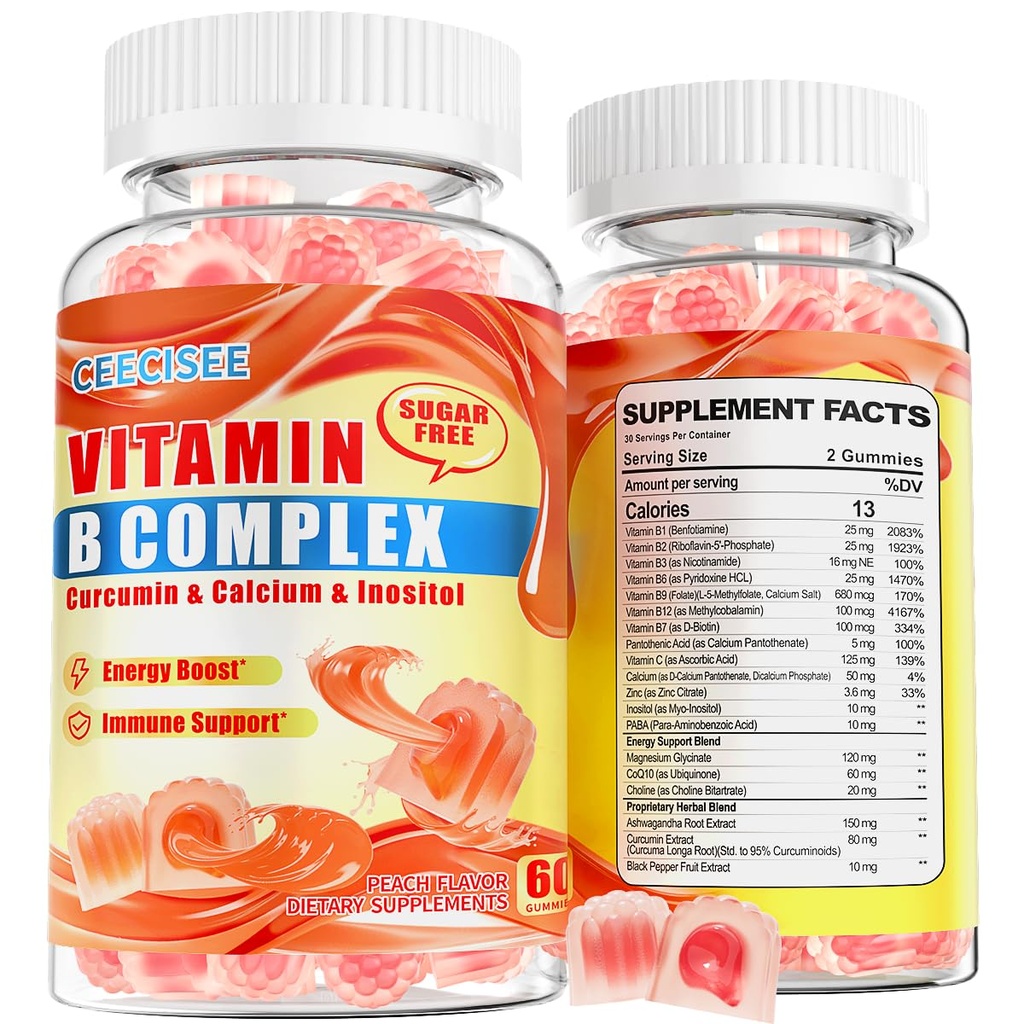 Natural Methylated Vitamins B Gummies: Chewable Supplement Complex with B1 B2 B3 B5 B6 B7 B9 B12 Zinc Magnesium Ashwagandha for Daily Energy Support - for Vegan Work Adults(120Count)