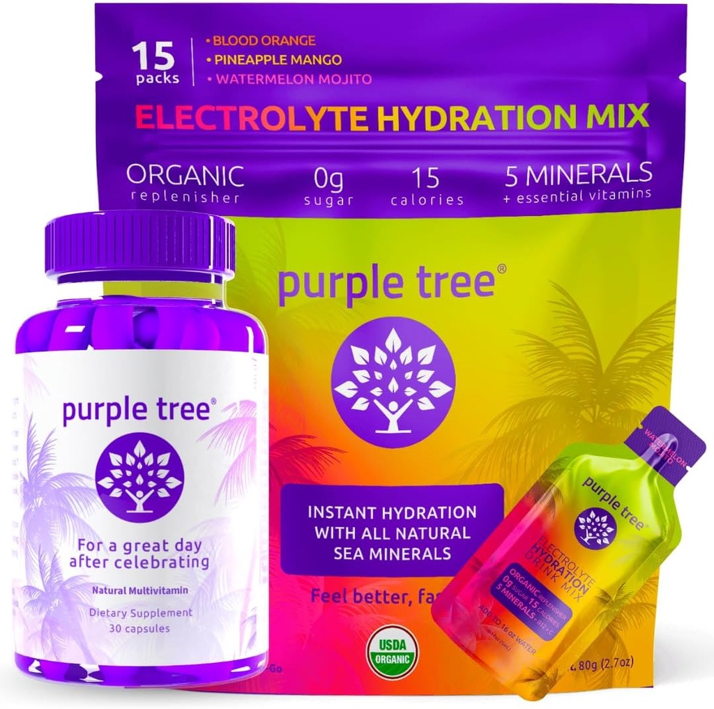 arbre pourpre post-célébration Bien-être + Hydratation Electrolyte Packets.Réhydratation biologique, Happy Liver.