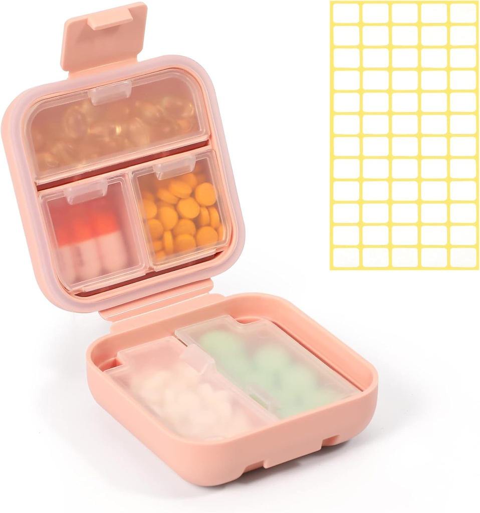 Dynippy Daily Pill Organizer 5 Compartiments Portable Hydraure Proof Petite Pill Case for Pocket Purse Travel Pill Box Portable Medicine Vitamine Fish Oil Holder Container (Pink)