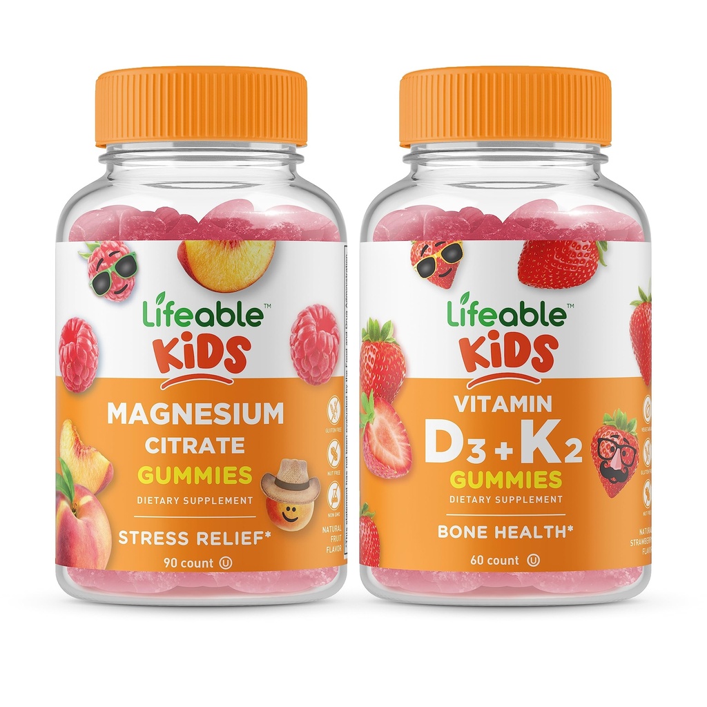 Lifeable Magnesium Citrate Kids + Vitamin D3 + Vitamin K2 Kids, Gummies Bundle - Great Tasting, Vitamin Supplement, Gluten Free, GMO Free, Chewable Gummy