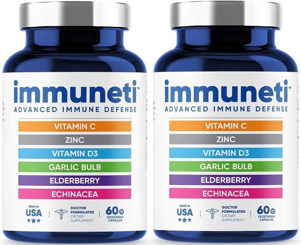 Immuneti - Protection immunitaire avancée, 6-en-1 Mélange puissant de vitamine C, vitamine D3, zinc, mûres aînées, bulbe d'ail, échinacée - 2 Pack - Soutient la santé globale