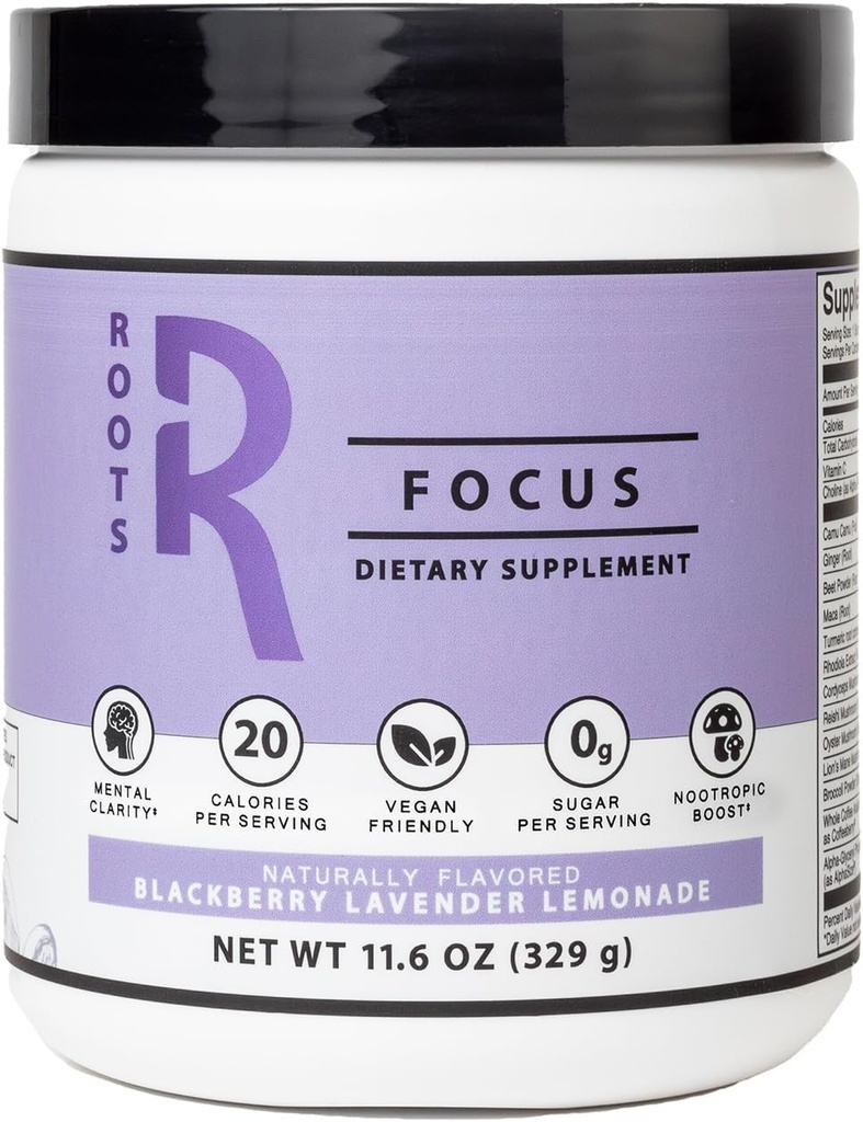 Silver Star Nutrition, Roots Focus Supplément Cerveau Nootropique - BlackBerry Lavender Lemonade, Mélange de Lion, Cordyceps et Reishi Champignons fonctionnels + Caféine à libération prolongée, 50 portions