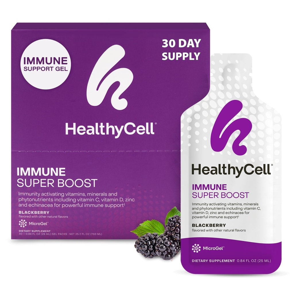 Supplément liquide quotidien Healthycell Imune Super Boost - Supplément de soutien immunitaire pour les adultes avec Echinacea, Elderberry, Vitamine C, Vitamine D, Calcium et zinc - 30 Gel Packs
