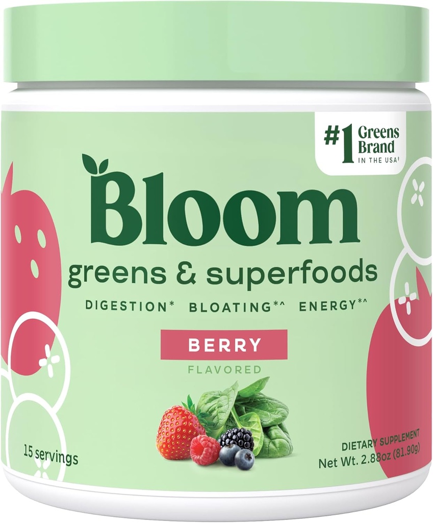 Bloom Nutrition Superfood Greens Poudre, enzymes digestives avec/probiotiques et prébiotiques, Gut Health, Bloating Relief pour les femmes, Chlorella, 15 SVG (15 portions (paquet de 1), Berry)