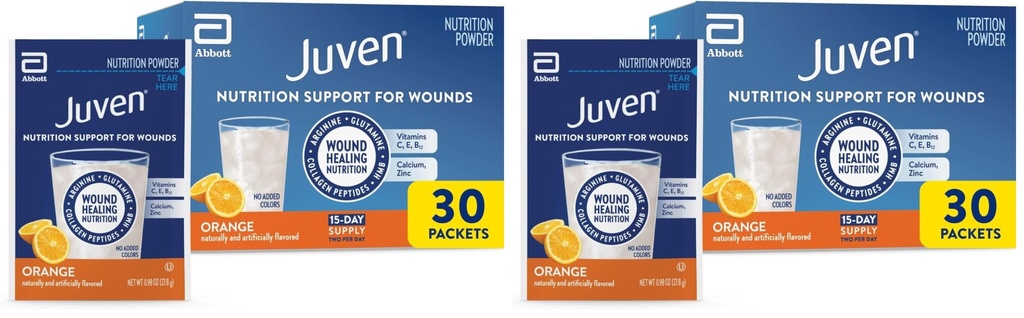 Juven Therapeutic Nutrition Drink Powder Including Collagen Peptides, Amino Acids, and HMB for Wound Healing Support, Orange, 30 Packets,(Pack of 2)