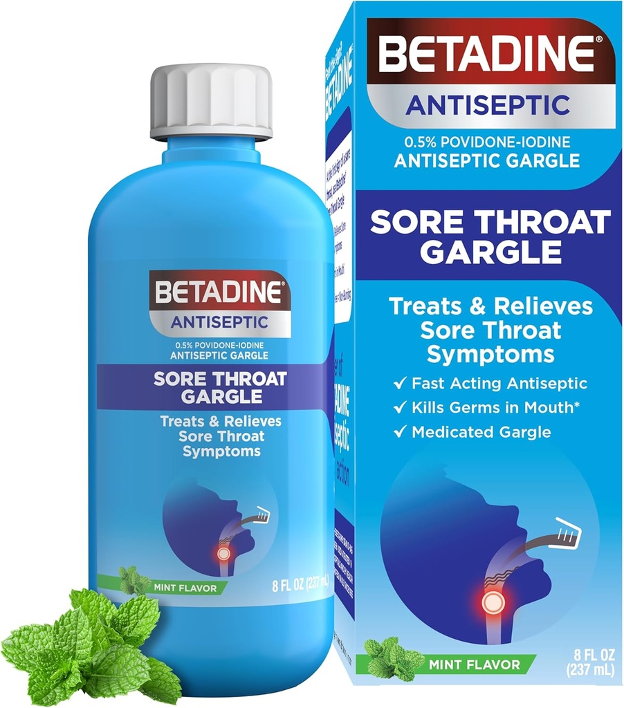 Bétadine Antiseptique Gargle Médicament, Povidone-Iodine 0,5%, Traiter et soulager les symptômes de la gorge douloureuse, Réduit temporairement les germes normalement trouvés dans la bouche, la menthe, 8 FL OZ