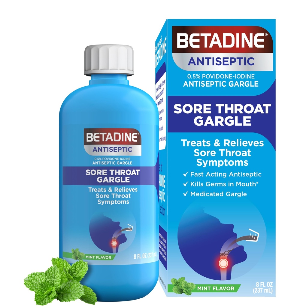 Bétadine Antiseptique Gargle Médicament, Povidone-Iodine 0,5%, Traiter et soulager les symptômes de la gorge douloureuse, Réduit temporairement les germes normalement trouvés dans la bouche, la menthe, 8 FL OZ