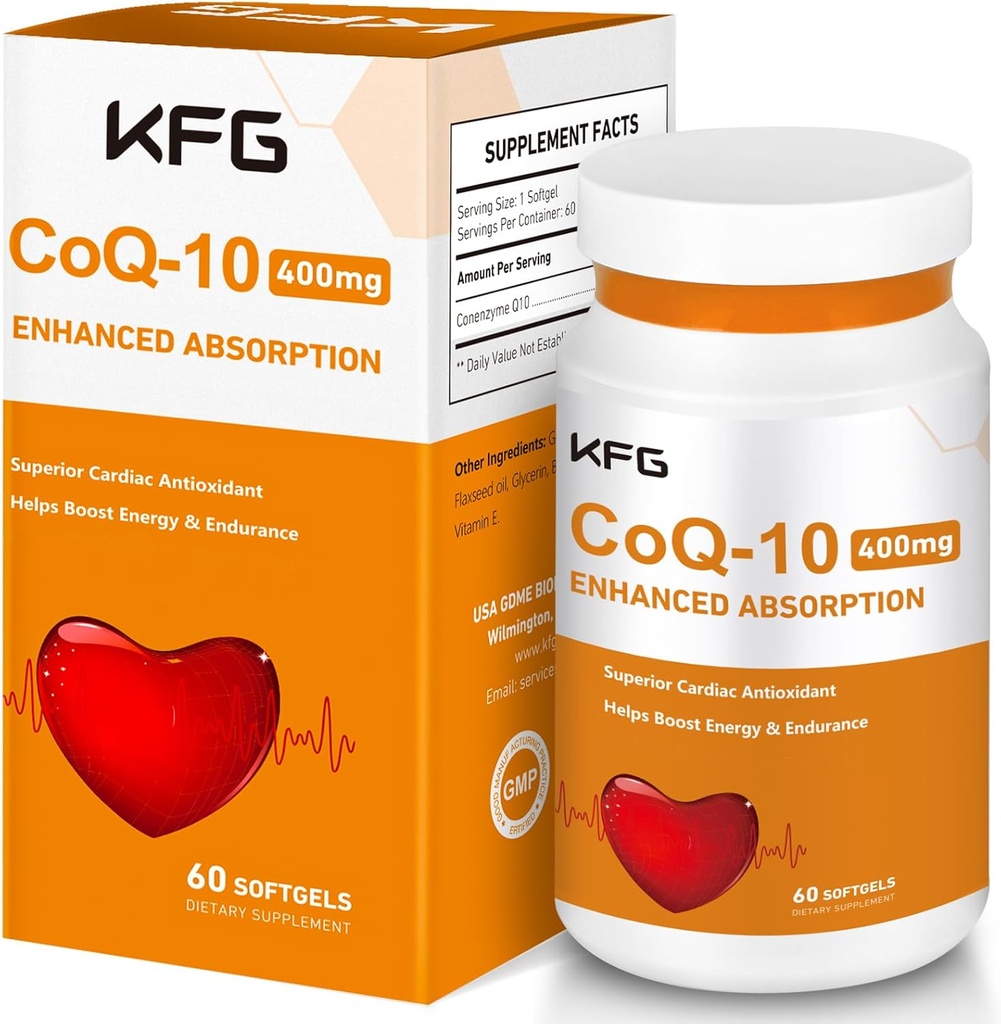 KFG CoQ10 400mg Softgels, Coenzyme Q10 suppléments soutiennent la santé cardiaque, la santé cardiovasculaire, le système immunitaire et la production d'énergie cellulaire, sans gluten