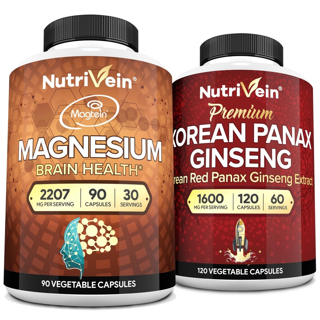 Nutrivein Premium Magnésium L-Thréonate & Panax Ginseng Supplement Bundle: Thréonate de magnésium à haute absorption et supplément de ginseng rouge pour le cerveau, l'humeur et la vitalité