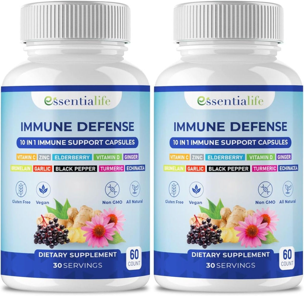 Supplément de soutien immunitaire - 2 packs 10 en 1 Elderberry, Echinacea, vitamine D, vitamine C 1000mg et supplément de zinc - avec Immune Booster pour adultes - 120 capsules de vitamines