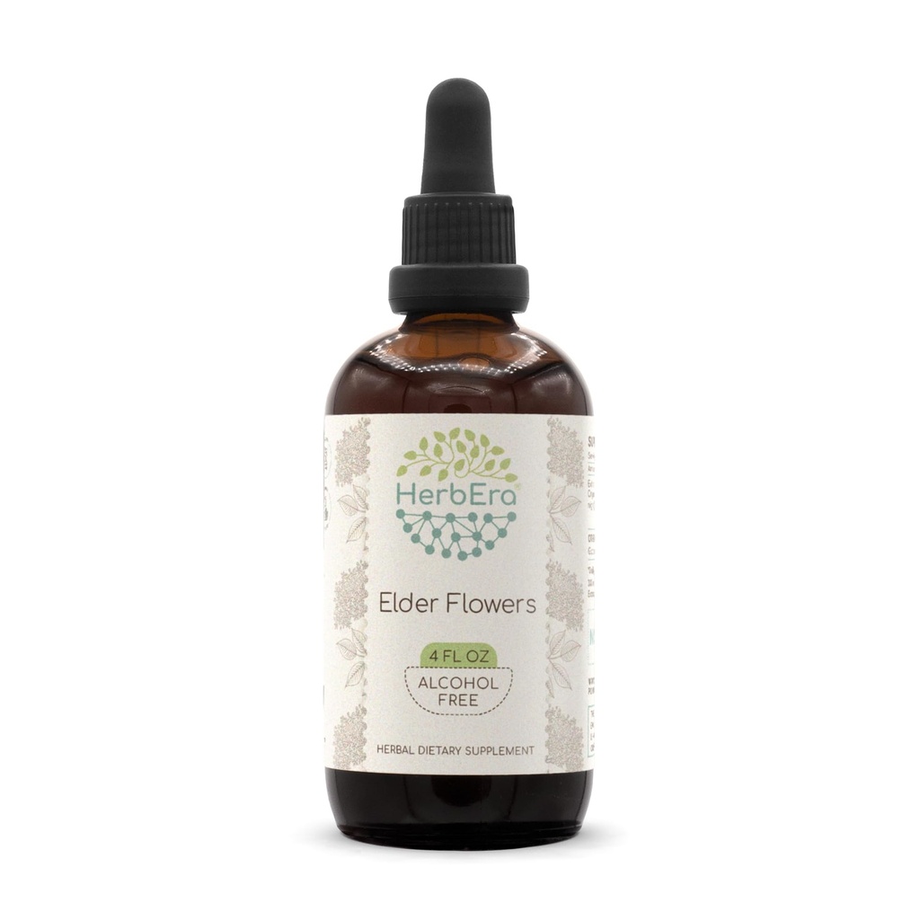 Elder Flowers B120 Alcohol-Free Herbal Extract Tincture, Concentrated Liquid Drops Natural Elder Flowers (Sambucus Nigra) Dried Flowers (4 fl oz)