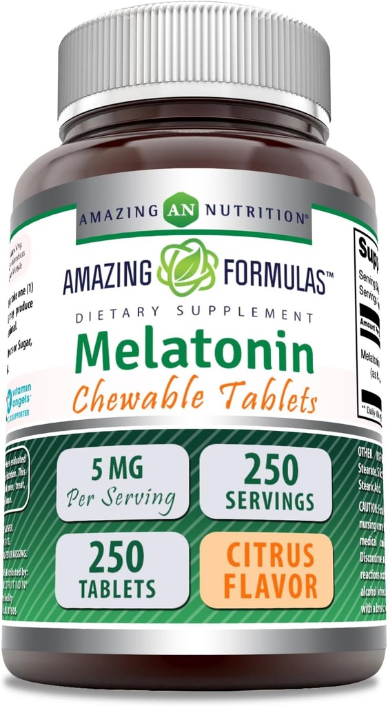 Formules étonnantes Melatonin Supplément à croustillants $ 5 Mg par portion $ 250 Comprimés $ Non-OGM $ Sans gluten $ Fabriqué aux États-Unis (Citrus Flavor)
