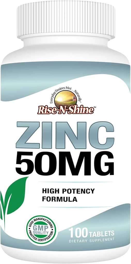 Rise-N-Shine Suppléments en zinc de 50 Mg - Supplément de soutien immunitaire - Antioxydant de haute puissance - 100 jours d'approvisionnement (100 comprimés)