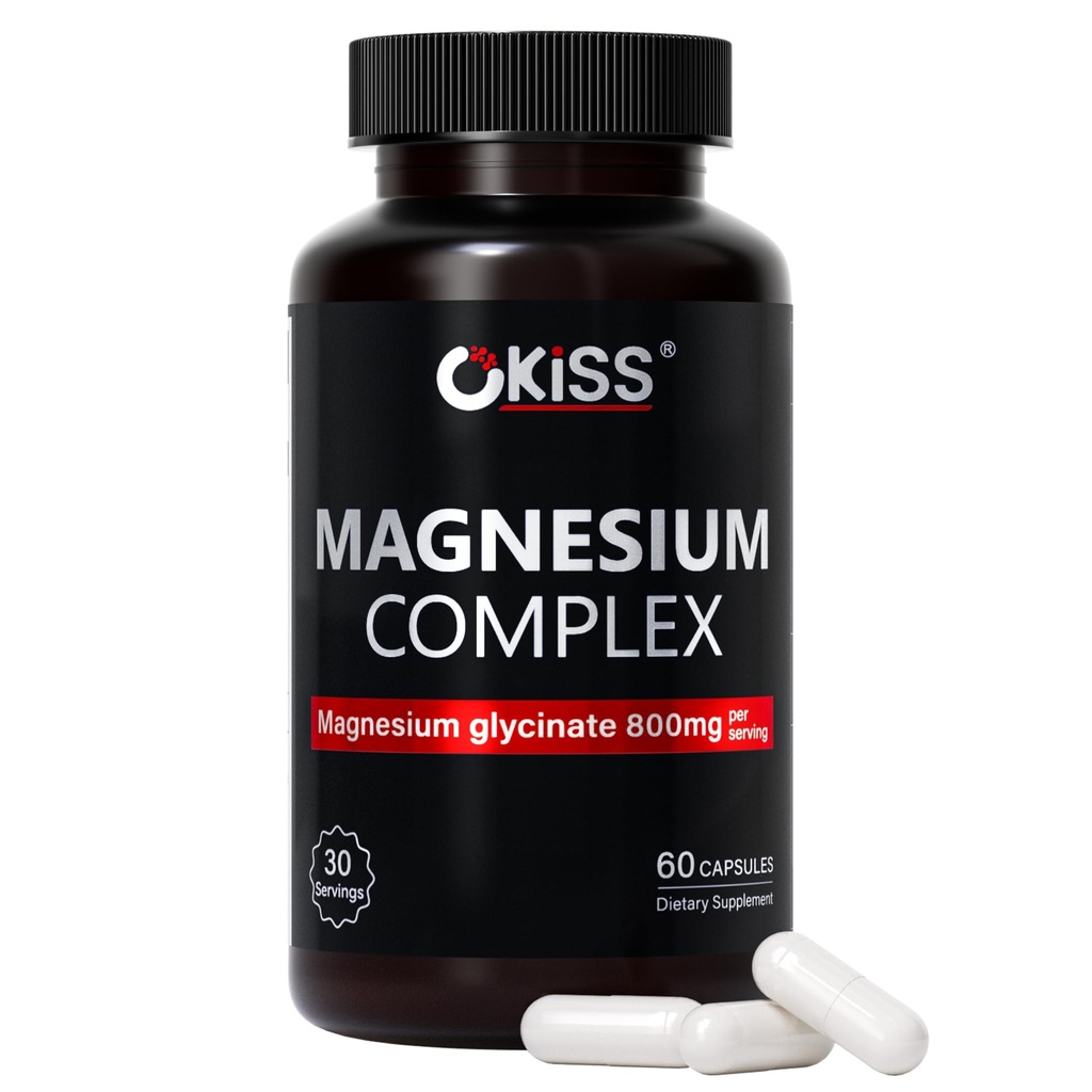 Okiss® Magnesium Glycinate 800mg Complex with B6 & Ashwagandha, 60 Capsules | Promotes relaxation and restful sleep. Supports healthy stress response and muscle function. Contains Chamomile & L-Theanine.