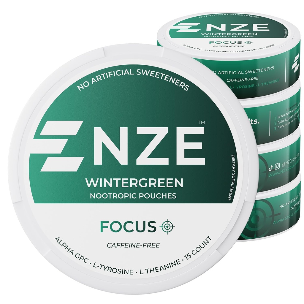 NZE Pochettes Nootropiques Sans Caféine (Hintergreen) - Pochettes Nootropiques avec Alpha GPC, L-Tyrosine et L-Theanine - Pas de sucre ou d'édulcorants artificiels - 15 Pochettes par boîte - 5 Pack
