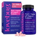 Lovebug Levure et probiotiques vaginaux pour les femmes pH Balance & Urinaire Tract, 50 Million CFU, UTI, BV, Odor Support avec Lactobacillus, Bifidobacterium, Supplément de santé digestif et vaginal 60 Capsules