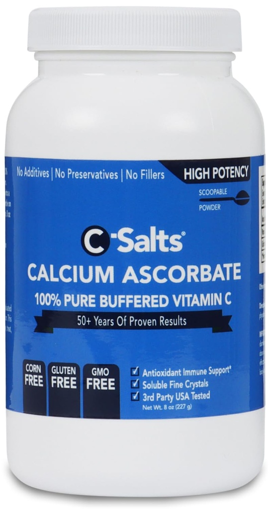 C-Salts Pure Calcium Ascorbate Vitamin C Powder - Non-Acidic Sugar-Free Buffered Powdered Drink for Immune Support - Antioxidant Protection for Overall Wellness - Perfect for Drinks or Recipes, 8 oz