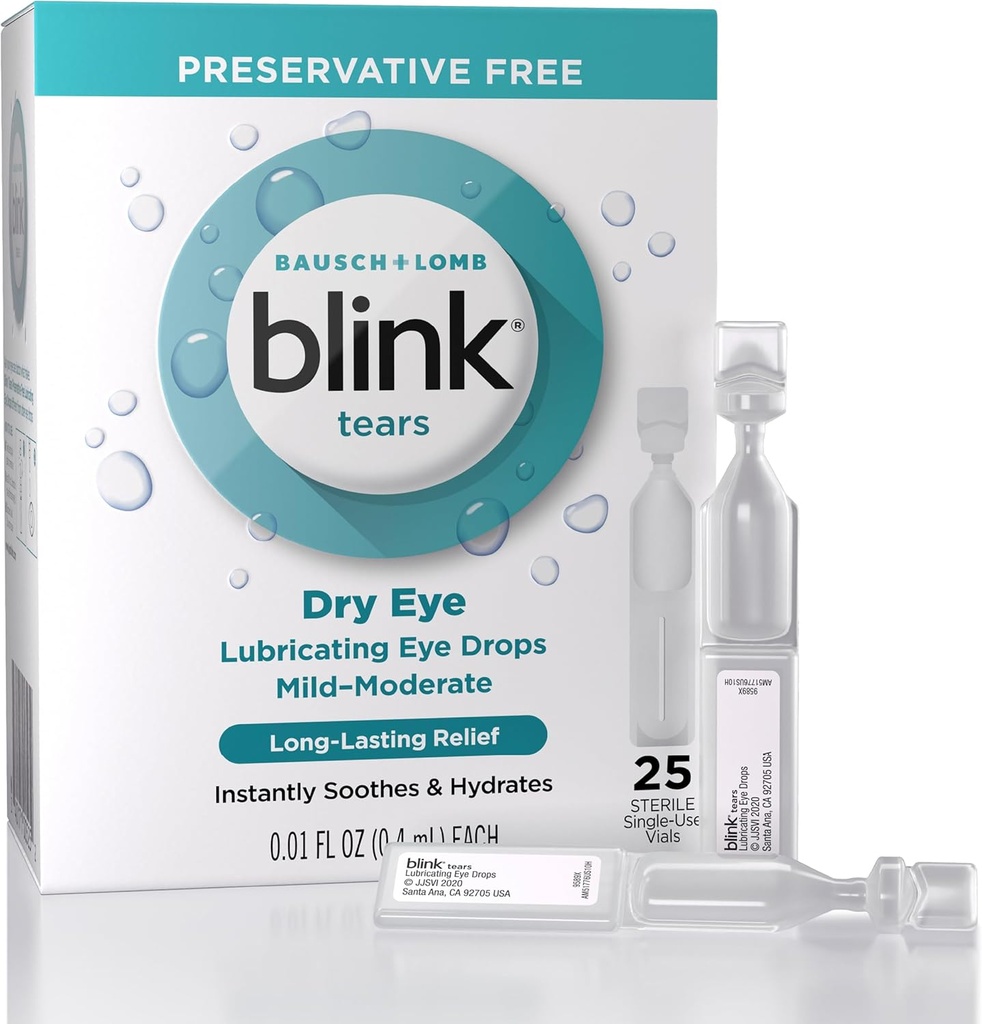 Blink Larmes Lubrifiant gouttes oculaires Préservative libre, hydratante et apaisante pour les yeux secs doux à modérés, avec Hyaluronate, réduit le malaise, l'hydratation longue durée, 0,01 Viaux à usage unique, 25 comte