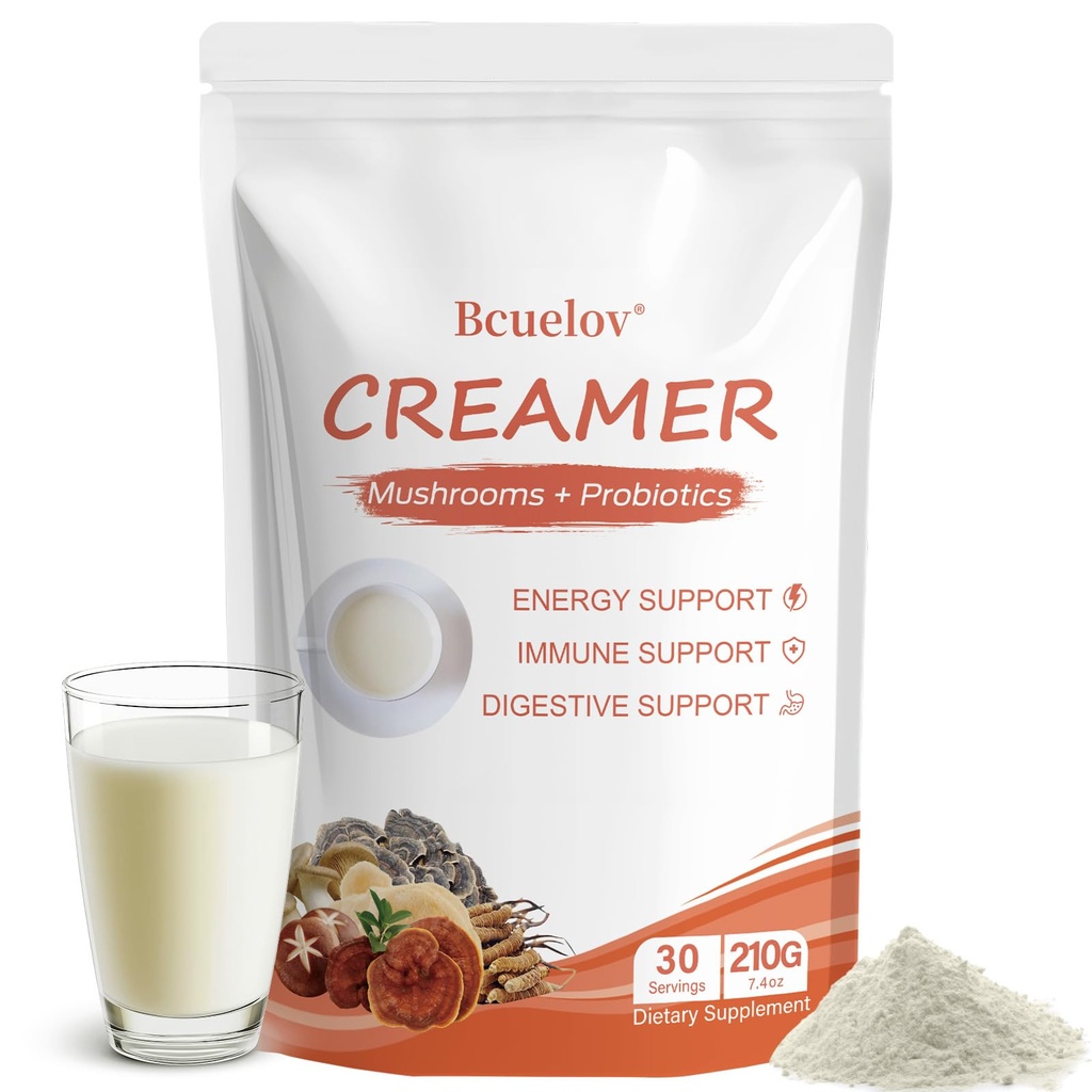 Mushroom Coffee Creamer,Superfood Creamer Powder with 6 Adaptogenic Mushrooms & Probiotics for Energy, Focus, Digestion - 30 Servings