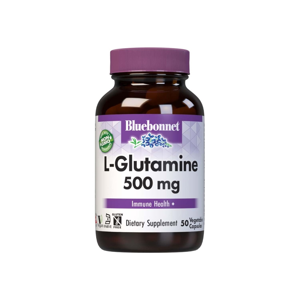 Bluebonnet Nutrition L-Glutamine 500mg, soutient la fonction immunitaire, transporteur d'azote, sans soja et sans gluten, non-OGM, certifié Kosher, végétalien, 50 capsules végétales, blanc, 50 comte