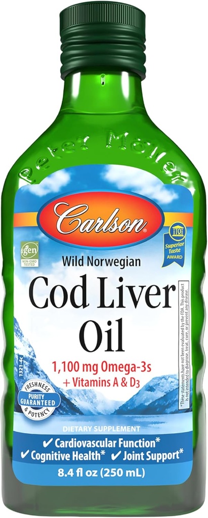 Carlson - Huile de foie de morue 1100 mg Omega-3s Plus Vitamines A & D3 - Supplément Omega 3 de l'EPA de l'EPA de prise sauvage - Arctique norvégien, huile de poisson nordique à source durable Liquide, non aromatisé, 250 mL (8,4 Fl Oz)
