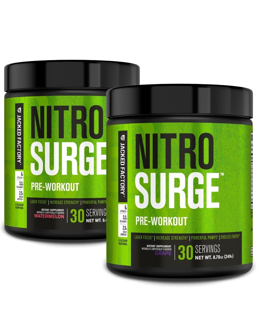 Jacked Factory NITROSURGE Pre Workout Supplement - Endless Energy, Instant Strength Gains, Clear Focus and Intense Pumps (Watermelon 30sv & Grape 30sv)