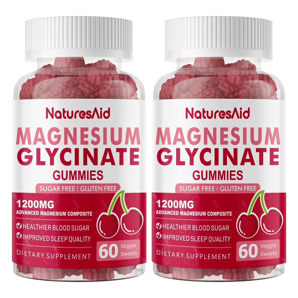 Glycinat de magnésium Gommies 1000mg - Supplément de potassium de magnésium sans sucre avec vitamine D, B6, CoQ10 pour l'humeur calme et le soutien du sommeil - 120 Gommies de cerise -2 Pack.
