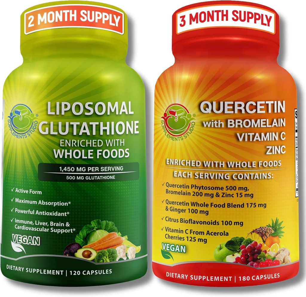 Glutathion liposomique 500mg & Quercetine avec Bromelain, Zinc et Vitamine C – Ensemble de soutien antioxydant et immunitaire avec mélanges organiques entiers d'aliments – Formule de santé respiratoire Vegan, non-OGM